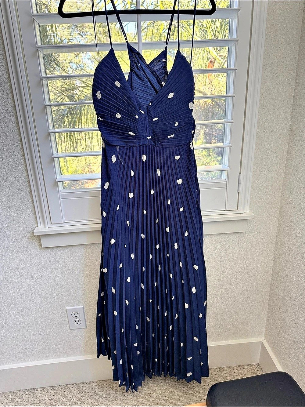 Pleated Polka Dot Maxi Dress in Blue & White Like New